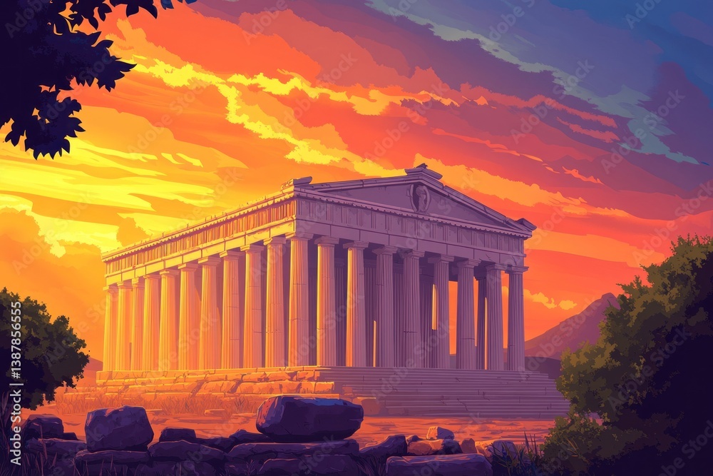 Obraz premium A classical temple illuminated by a dramatic sunset sky