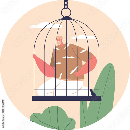 Man in depression in cage