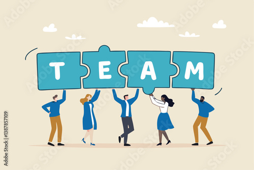 Team puzzle jigsaw connect, teamwork solving problem or cooperation for team success, collaboration idea, colleague work together concept, business people coworker help connect team jigsaw.