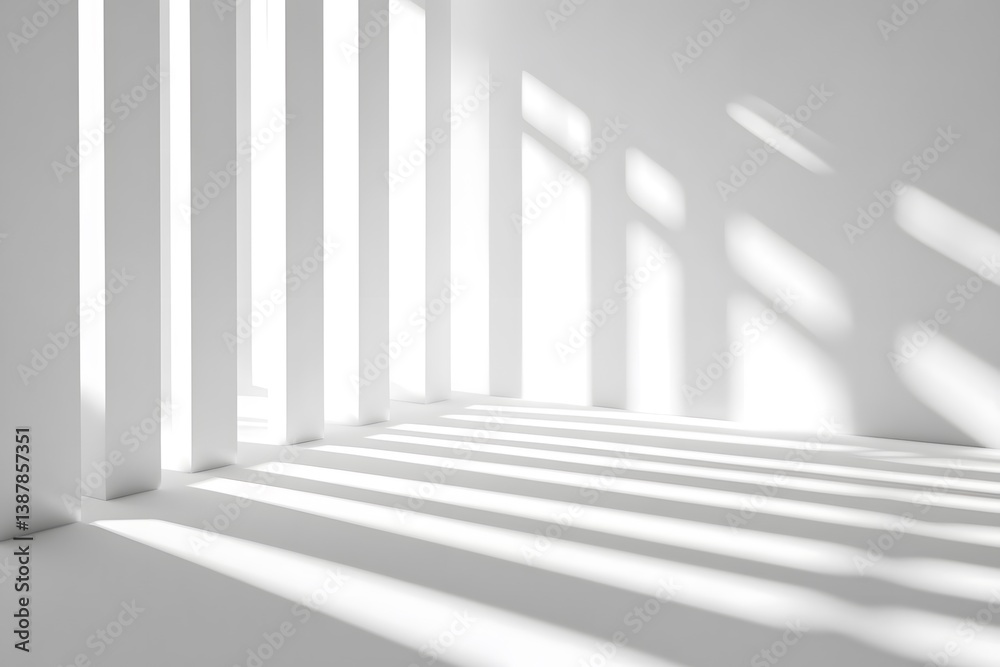 Obraz premium White room interior with sunlight casting shadows through vertical architectural elements.