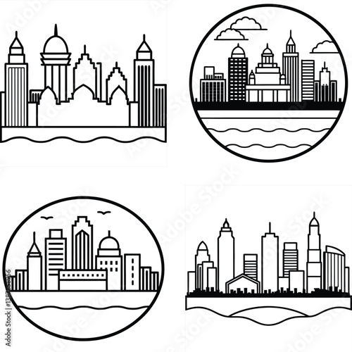 Minimal Mumbai Skyline Silhouette Logo Bundle Clean White Background Icons