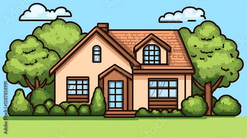 Suburban House with Green Yard, and Sunny Day.