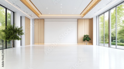 A spacious, minimalist room features a white wall, light wood paneling, and large windows showcasing lush greenery. Two small potted trees add a touch of nature. The glossy floor reflects the light.
