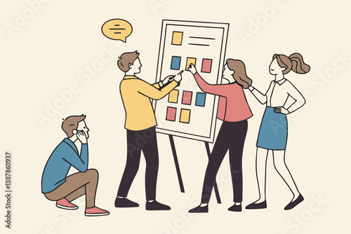 Workshop or business discussion, meeting or brainstorm new idea, training course class, Q and A, question and answer chat, business people in workshop meeting room with whiteboard and sticky notes.