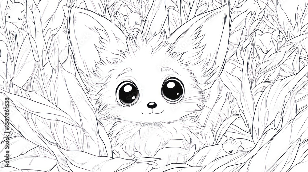 Fototapeta Cute cartoon fox in flower meadow, Coloring page, artistic illustration