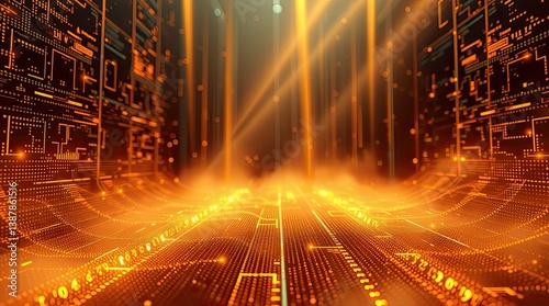 A vibrant digital environment showcases glowing orange lines and circuit patterns. Light beams pierce through the fog enhancing the high tech ambiance