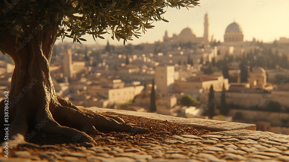 Fototapeta premium Olive Tree with Jerusalem Skyline Sunset.