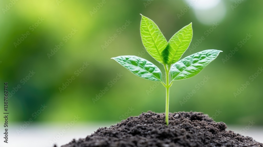 A small seedling with vibrant green leaves emerges from dark soil. Its centered against a blurred green background. The image is high-quality, well-lit, and features a shallow depth of field. The st A small seedling with vibrant green leaves emerges from dark soil. Its centered against a blurred green background. The image is high-quality, well-lit, and features a shallow depth of field. The st