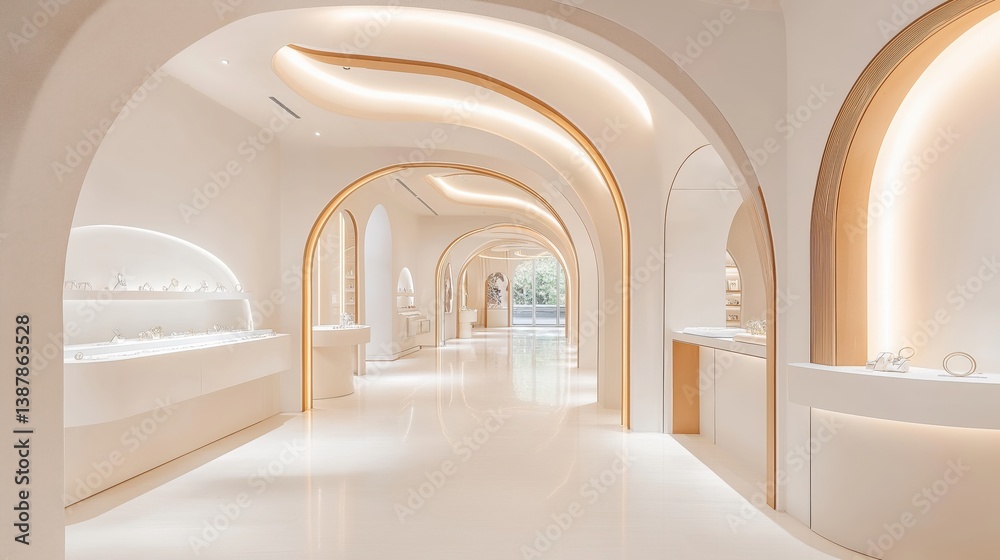 Fototapeta premium Elegant minimalist hallway with ambient lighting and smooth architecture. Perfect for luxury, design, and retail use.