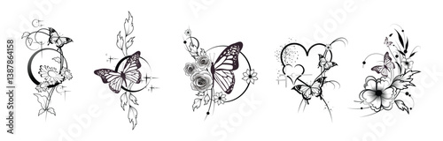 Butterflies and flowers graceful compositions set isolated on white background. Drawings collection for tattoo, card design, book pages, phone case, stickers, cups, bags, wall art, t-shirt printing.