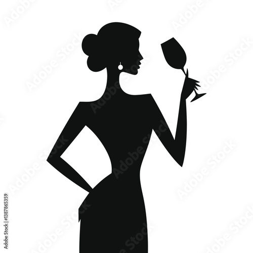 Elegant Silhouette of a Woman Enjoying Wine/A sophisticated black silhouette of a woman in profile, holding a wine glass.