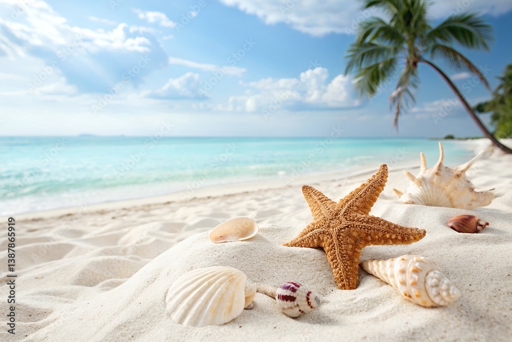 A starfish and seashells nestled in sun-kissed beach sand, a tropical paradise under a vibrant blue sky with palm trees swaying gently in the breeze. A starfish and seashells nestled in sun-kissed beach sand, a tropical paradise under a vibrant blue sky with palm trees swaying gently in the breeze.