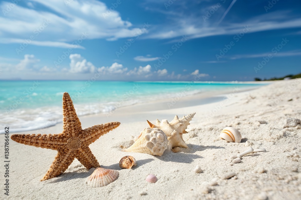 A starfish basks in the sun on a pristine beach, surrounded by seashells, a tranquil paradise under a vibrant blue sky with gentle waves. A starfish basks in the sun on a pristine beach, surrounded by seashells, a tranquil paradise under a vibrant blue sky with gentle waves.