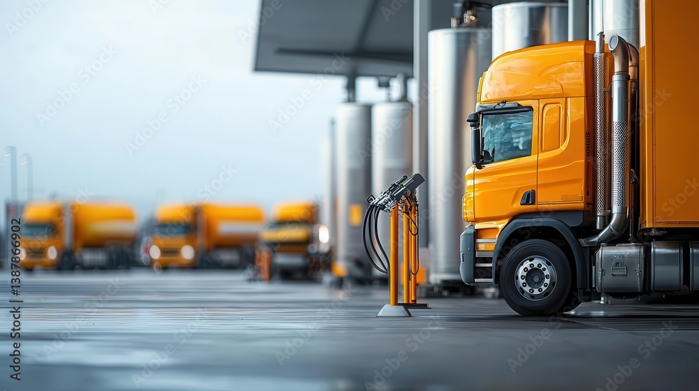 Naklejka premium LPG loading station with advanced safety valves, trucks being filled, clean and organized