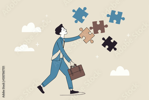 Finding jigsaw piece to complete work, career or success business, search for new idea to solve self problem, challenge or inspiration concept, businessman finding jigsaw to complete himself.