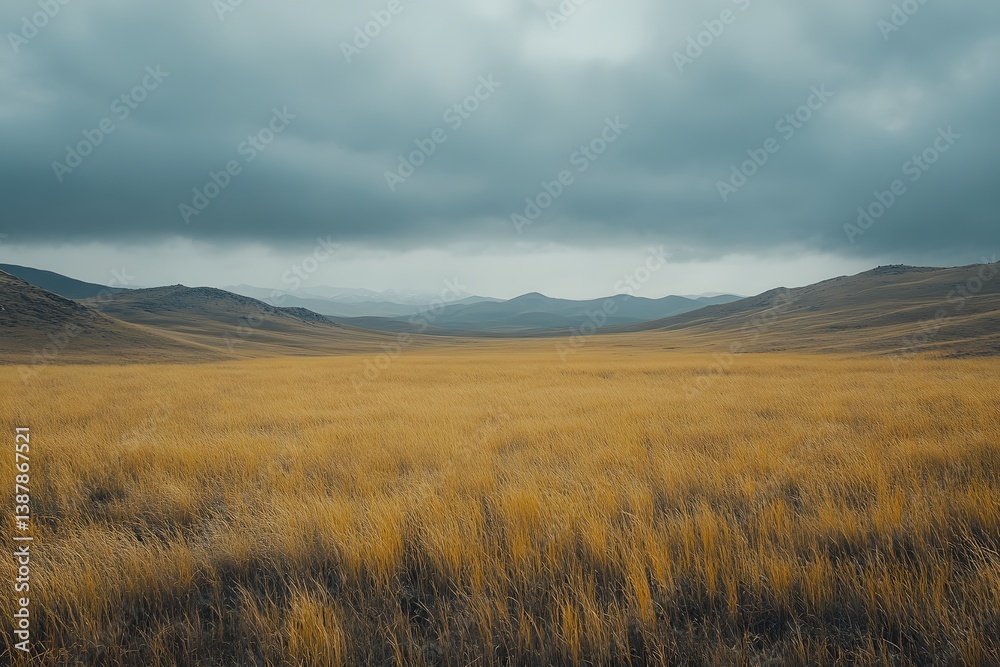 Wide grassland with mountains under a cloudy sky creating a serene landscape. Wide grassland with mountains under a cloudy sky creating a serene landscape.