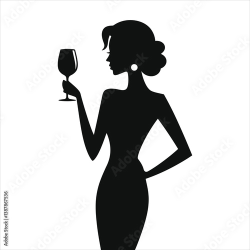 Elegant Silhouette of a Woman with Wine Glass/A sophisticated black and white silhouette of a woman holding a wine glass.