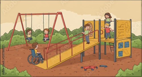 Children Playing Together at Playground with Swings and Accessible Ramp Illustration