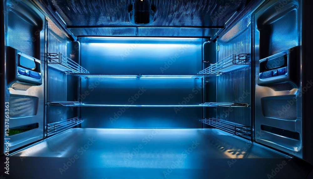Fototapeta premium empty modern fridge with blue light illumination showcasing sleek stainless steel and minimalist interior design stainless steel empty modern fridge