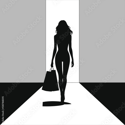 Fashion Model Walking Runway with Shopping Bags Silhouette/A stylish silhouette of a female model striding confidently down a fashion runway, carrying shopping bags.
