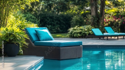 Relaxing poolside chaise lounge with teal cushions, partially submerged in a sparkling blue pool, surrounded by lush greenery.