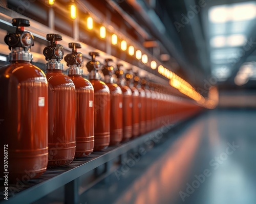 Industrial LPG gas cylinders arranged neatly, automated refilling system in place
