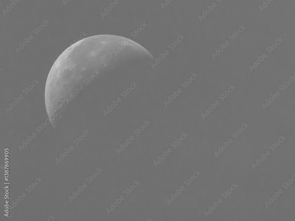 Half moon in detail with visible craters against a soft gray sky.
