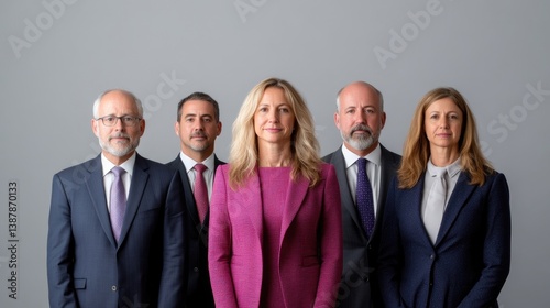 A high-resolution photo shows five professionals, two men and three women, standing in a row against a gray backdrop. The woman in the center wears a pink blazer. The image is professionally lit, sho