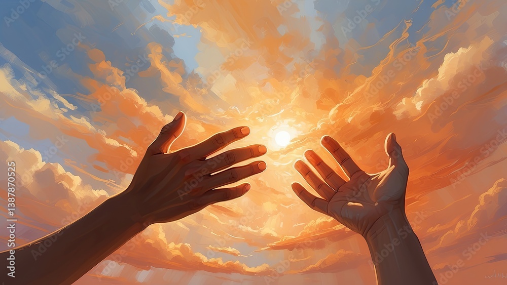 Two hands reaching towards each other with a glowing sun in the background Two hands reaching towards each other with a glowing sun in the background