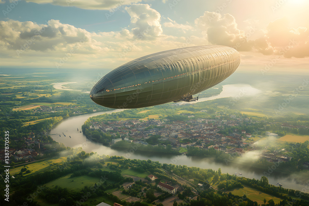 Fototapeta premium Majestic Zeppelin Gracefully Sailing Amidst Aquamarine Skies and Verdant Landscapes, Emphasizing Aerial Innovation and Natural Serenity