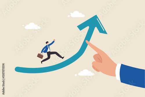 Career growth or increase productivity, motivation for success, career development, increase revenue, income or profit, help or support concept, businessman hand help push arrow rising up for success.