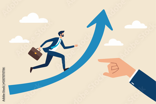 Career growth or increase productivity, motivation for success, career development, increase revenue, income or profit, help or support concept, businessman hand help push arrow rising up for success.