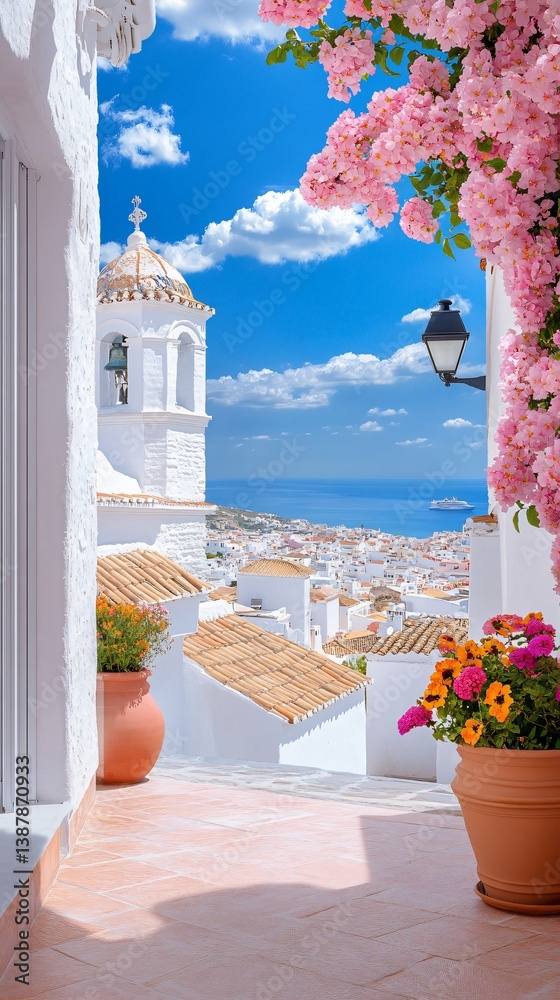 Scenic Mediterranean Coastal Town View from Whitewashed Terrace with Pink Bougainvillea and