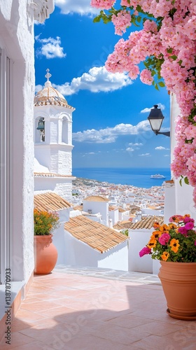 Obraz na płótnie Scenic Mediterranean Coastal Town View from Whitewashed Terrace with Pink Bougainvillea and w salonie