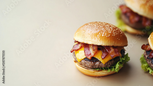 Bacon cheeseburger with melted cheese, crispy bacon, and fresh lettuce on light minimalist background, natural lighting highlighting textures and negative space for text, crisp commercial style