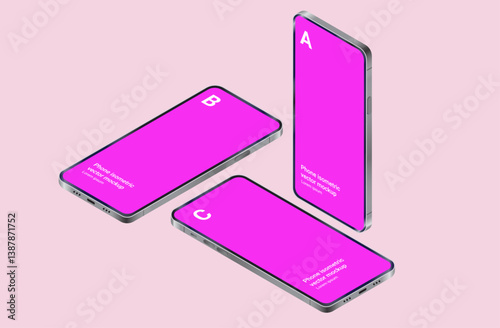 Isometric vector mobile phones mockup - Semi 3d perspective illustration template graphic of three unbranded smartphone screens in various positions in pink or lilac colour