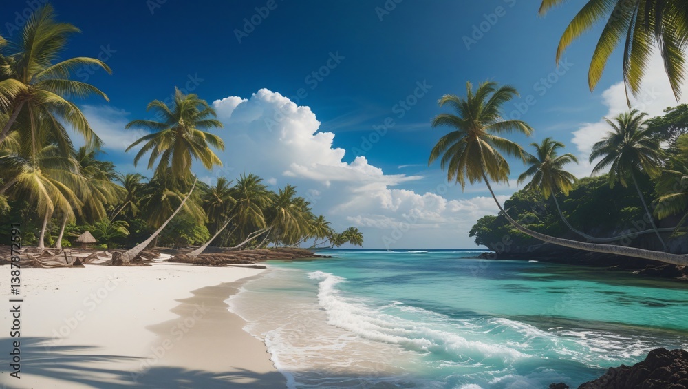 Fototapeta premium Tranquil Tropical Beach Sunset with Palm Trees and Sailboat - Serene Coastal Scene
