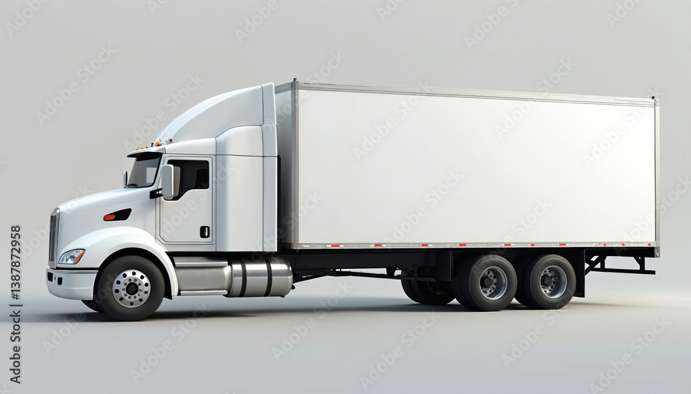 White blank truck with side view isolated on light background. Mockup semi-trailer for advertising cargo delivery business concept. Commercial transport, logistics, freight, shipping. White blank truck with side view isolated on light background. Mockup semi-trailer for advertising cargo delivery business concept. Commercial transport, logistics, freight, shipping.