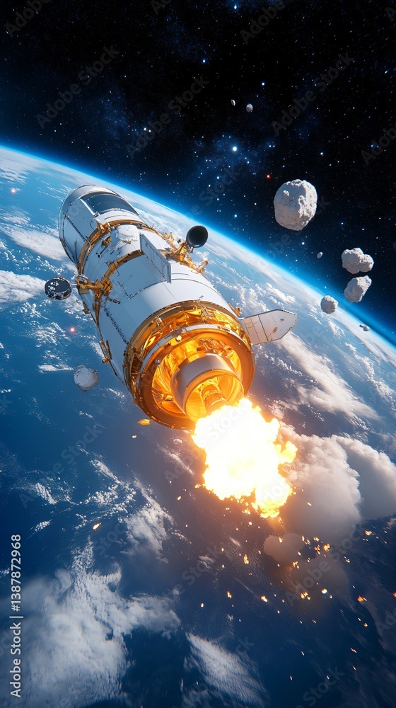 Naklejka premium Spacecraft Re entry Fiery Descent Through Earth s Atmosphere Debris Field Visible