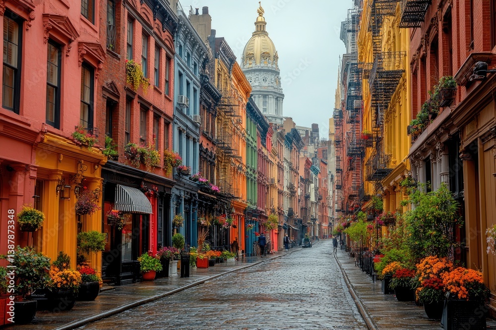 Fototapeta premium Colorful urban street scene with historic buildings