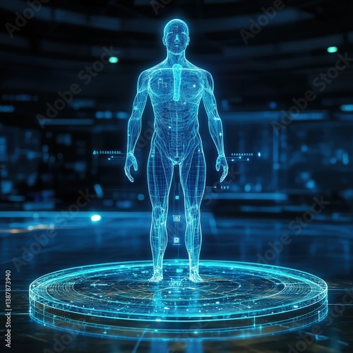 A man is shown in a blue and white image with a lot of detail. The image is of a man's body, and it is displayed on a screen. The image is very detailed and realistic