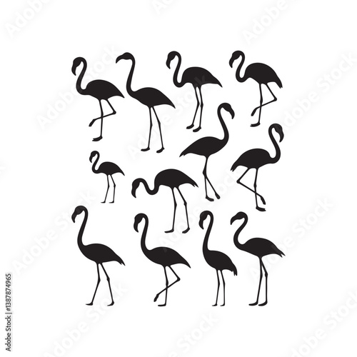 set of black-and-white vector illustrations of flamingos in various pose