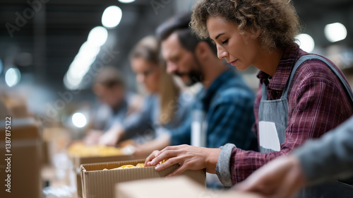 Young Volunteers Packing Food Boxes at a Charity Food Bank photo