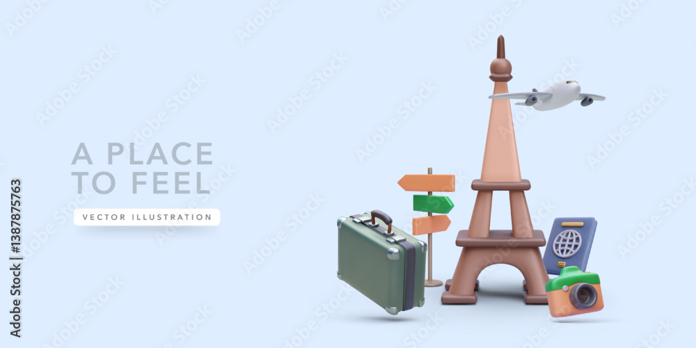 Φωτογραφία Travel Concept With Eiffel Tower, Suitcase, Airplane, Passport, Camera, And Direction Sign In A Cute 3D Cartoon Style