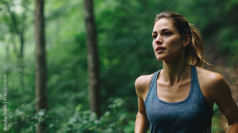 Radiant Trailblazer in Green: A determined woman runs purposefully through a verdant forest path, exuding strength and determination, highlighting a healthy lifestyle in harmony with nature. Radiant Trailblazer in Green: A determined woman runs purposefully through a verdant forest path, exuding strength and determination, highlighting a healthy lifestyle in harmony with nature.