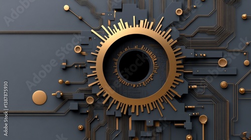 Abstract Circuit Design with Golden Elements on Dark Background