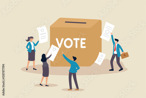Voting, poll or employee feedback questionnaire, politic choice, opinion or democracy, election or customer survey, referendum concept, diverse people hold voting paper checkmark putting in vote box.
