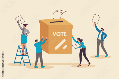 Voting, poll or employee feedback questionnaire, politic choice, opinion or democracy, election or customer survey, referendum concept, diverse people hold voting paper checkmark putting in vote box.