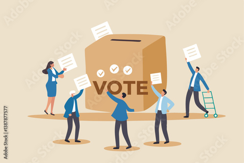 Voting, poll or employee feedback questionnaire, politic choice, opinion or democracy, election or customer survey, referendum concept, diverse people hold voting paper checkmark putting in vote box.