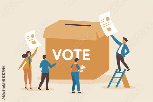 Voting, poll or employee feedback questionnaire, politic choice, opinion or democracy, election or customer survey, referendum concept, diverse people hold voting paper checkmark putting in vote box.